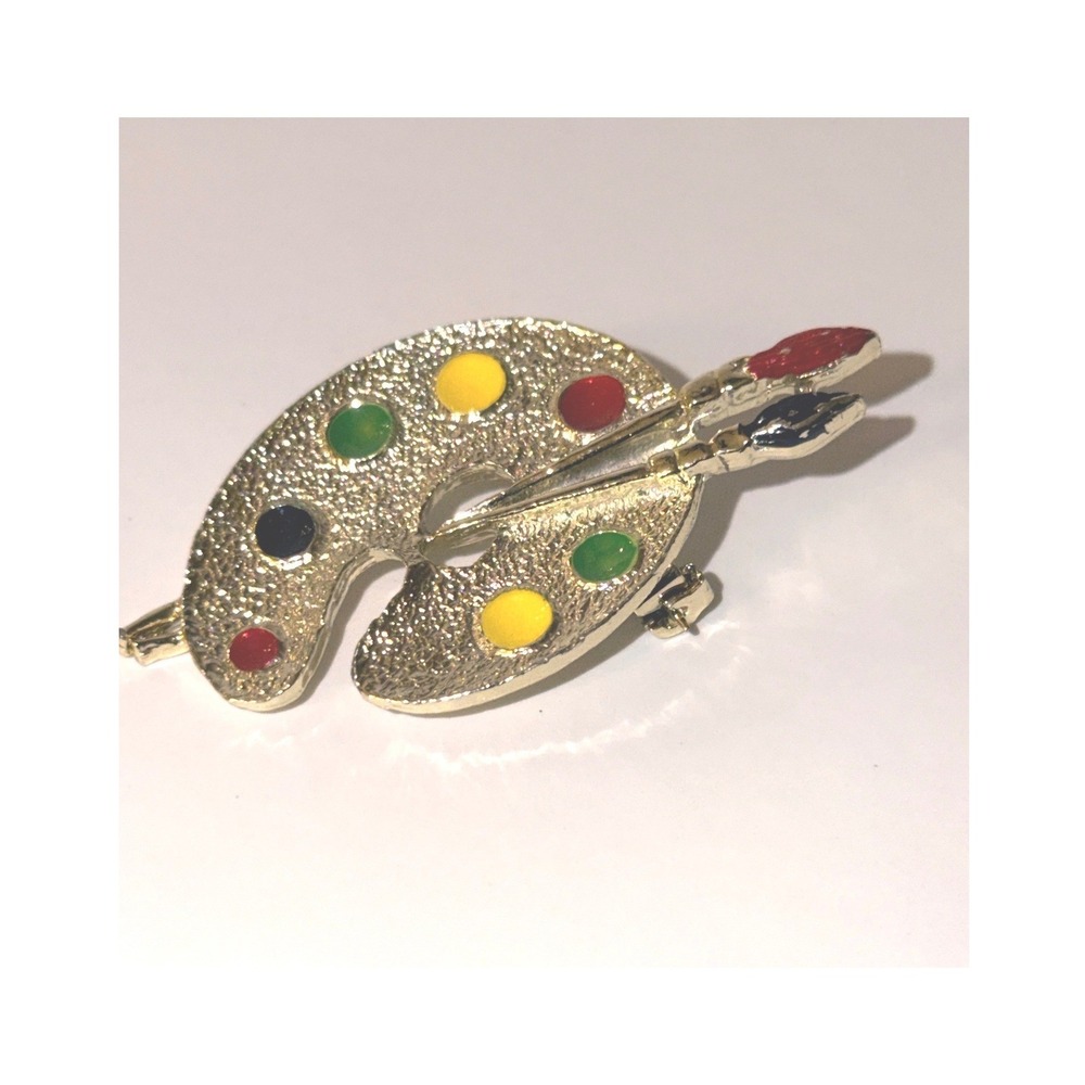 Gerrys Artist Palette Brooch OS Excellent Gold Tone Enamel Paint Brush Art Pin